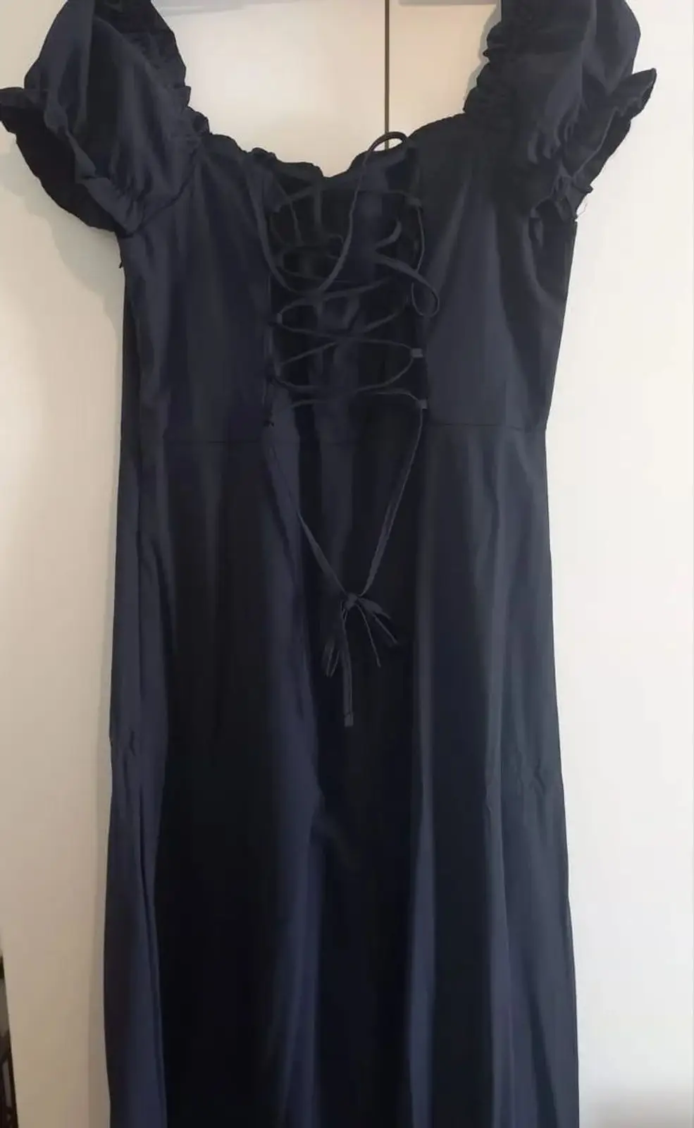 Navy Blue Midi Dress with Ruffled Sleeves
