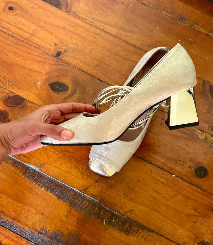 Vintage Chunky Heels With Gold & Creme Details, Dize 3 UK