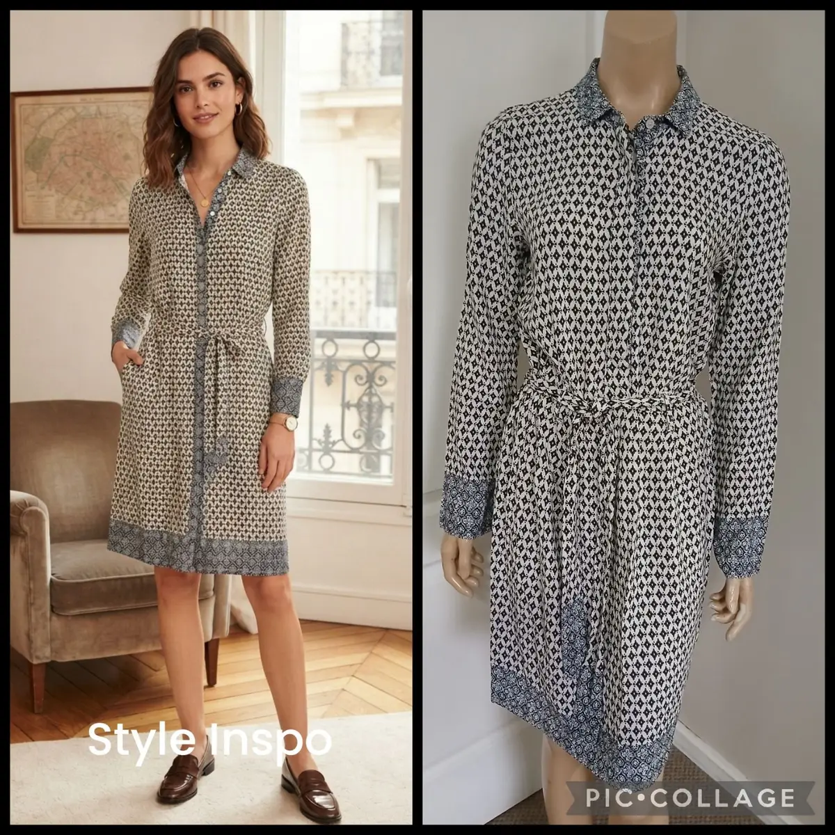 Patterned Long Sleeve Shirt Dress with Belt