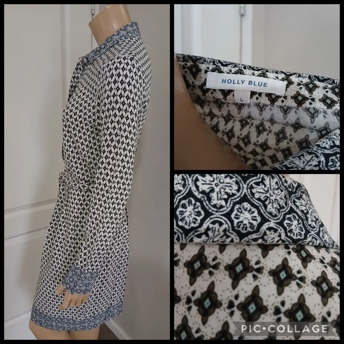 Patterned Long Sleeve Shirt Dress with Belt