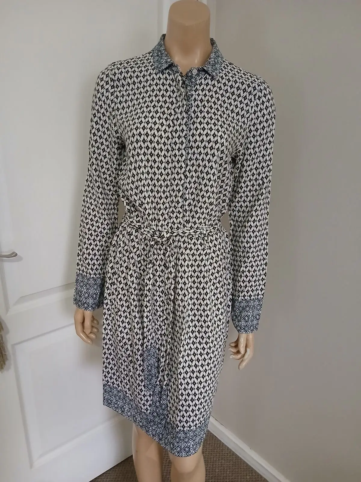 Patterned Long Sleeve Shirt Dress with Belt
