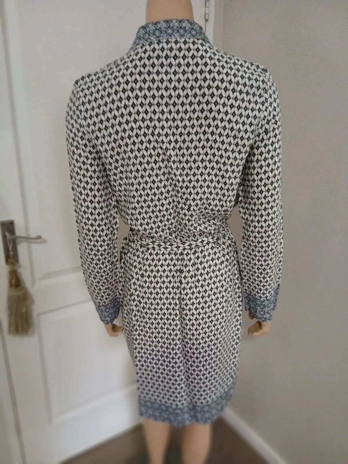 Patterned Long Sleeve Shirt Dress with Belt