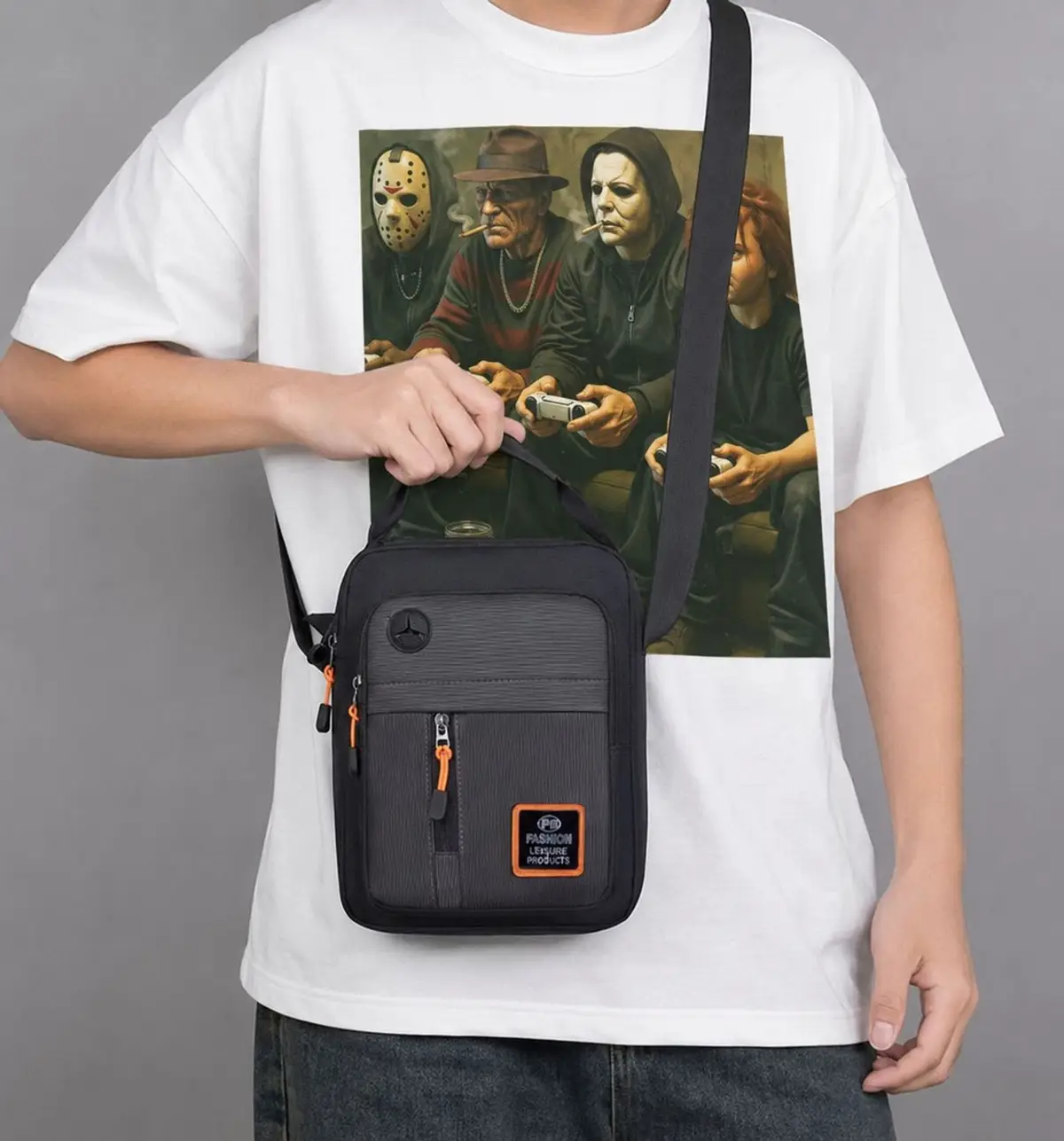 Black and Navy Shoulder Bag with Orange Accents