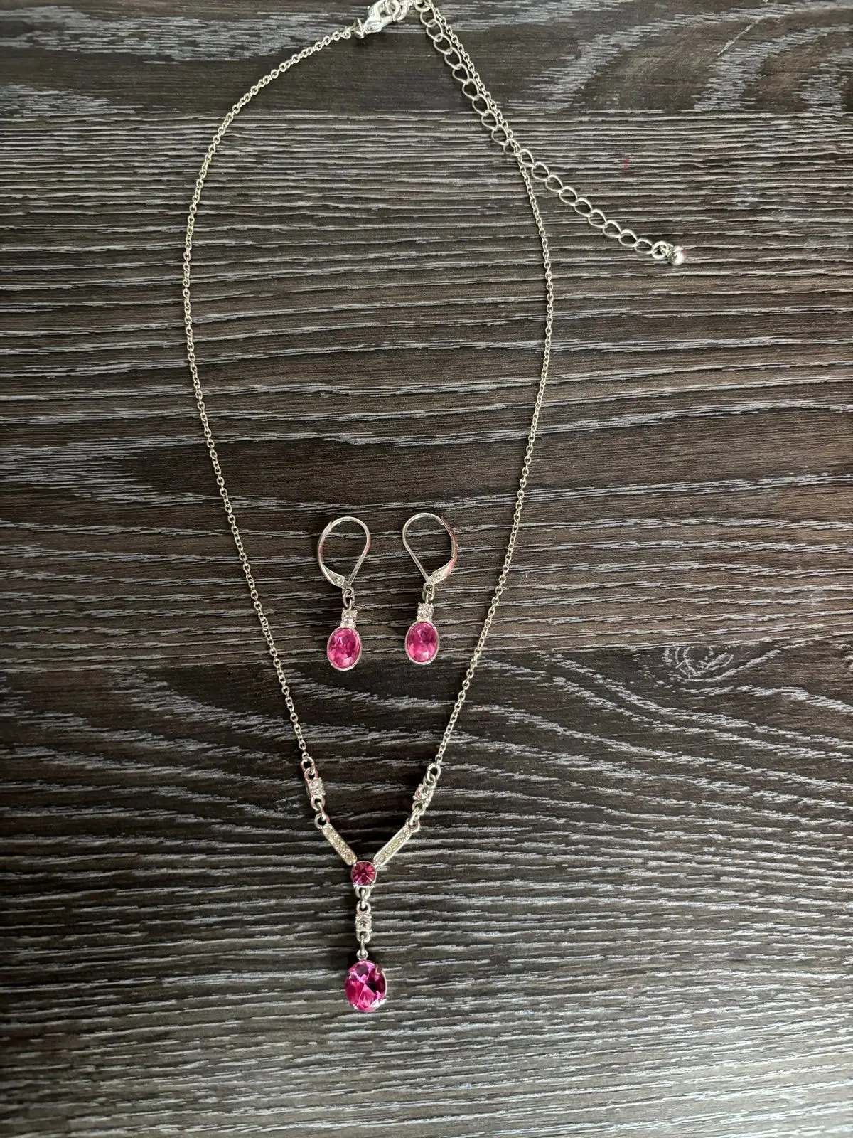 Avon Silver-Tone Pink Stone Necklace and Earring Set