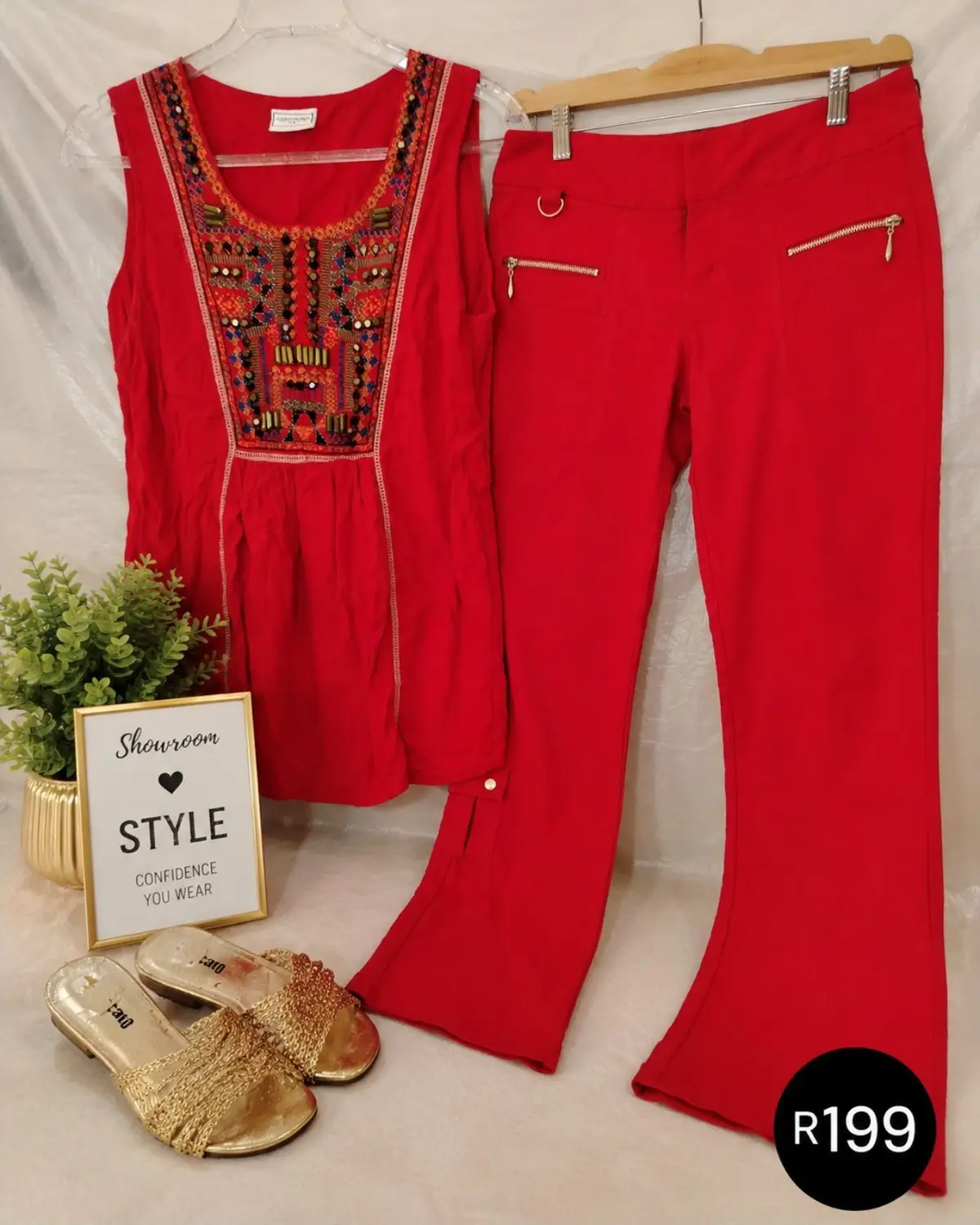 Jet Red Sleeveless Embroidered Top