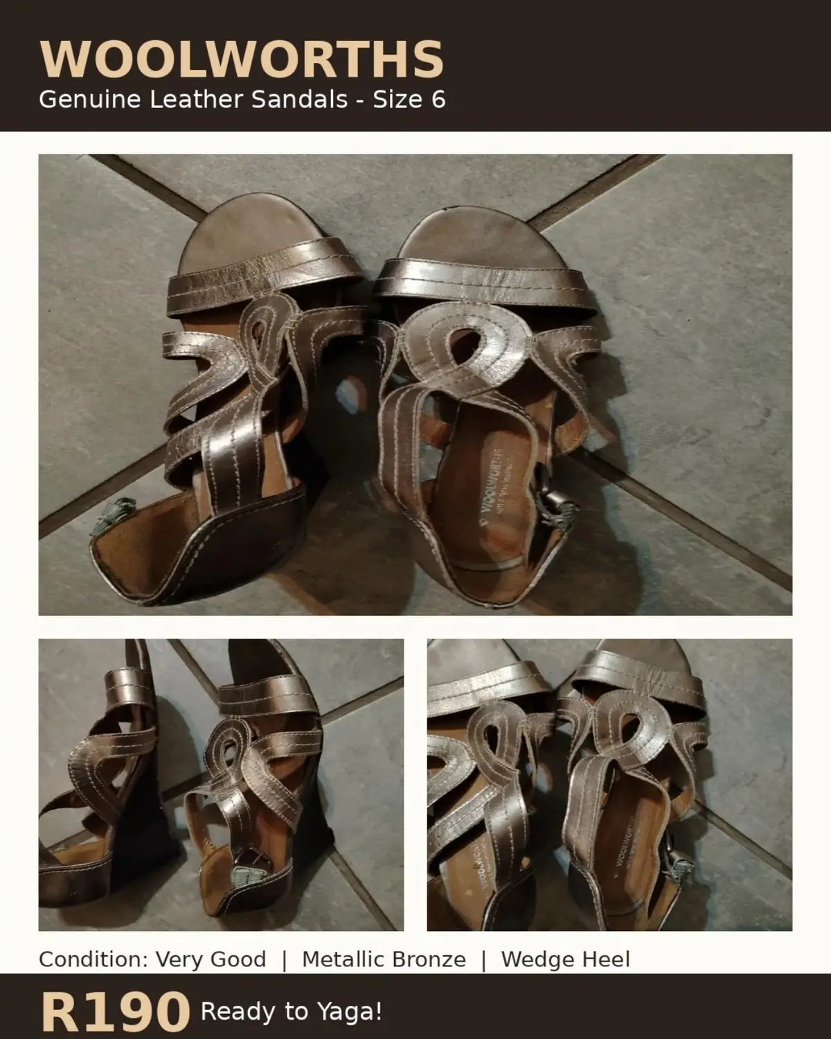 Woolworths Genuine Leather Wedge Sandals Bronze Size 6