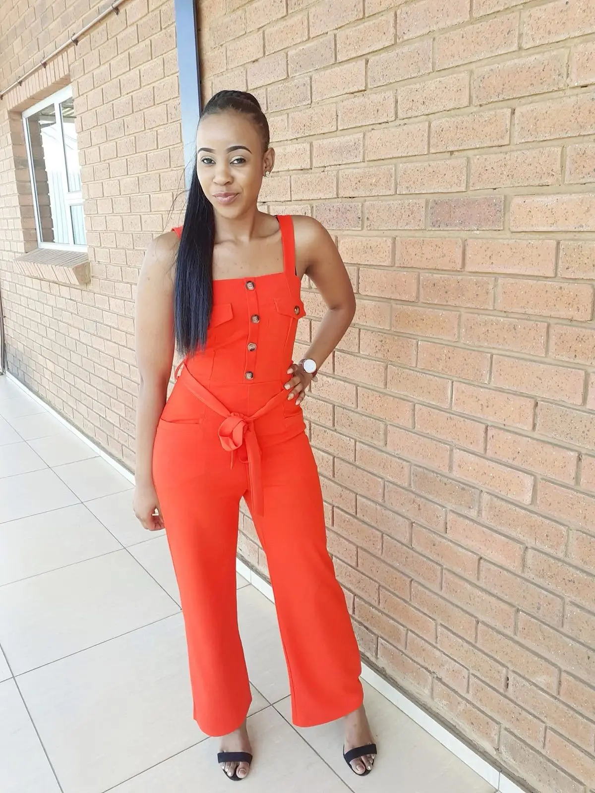Orange Jumpsuit with Belt and Front Buttons
