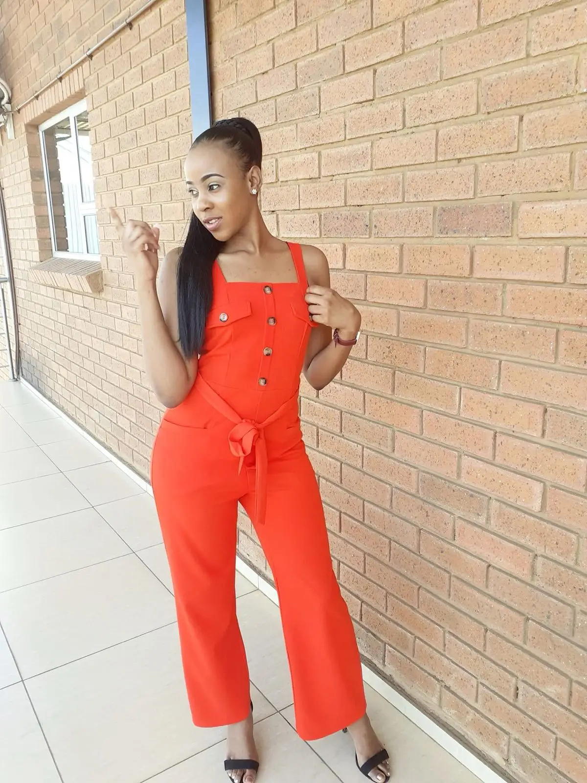 Orange Jumpsuit with Belt and Front Buttons
