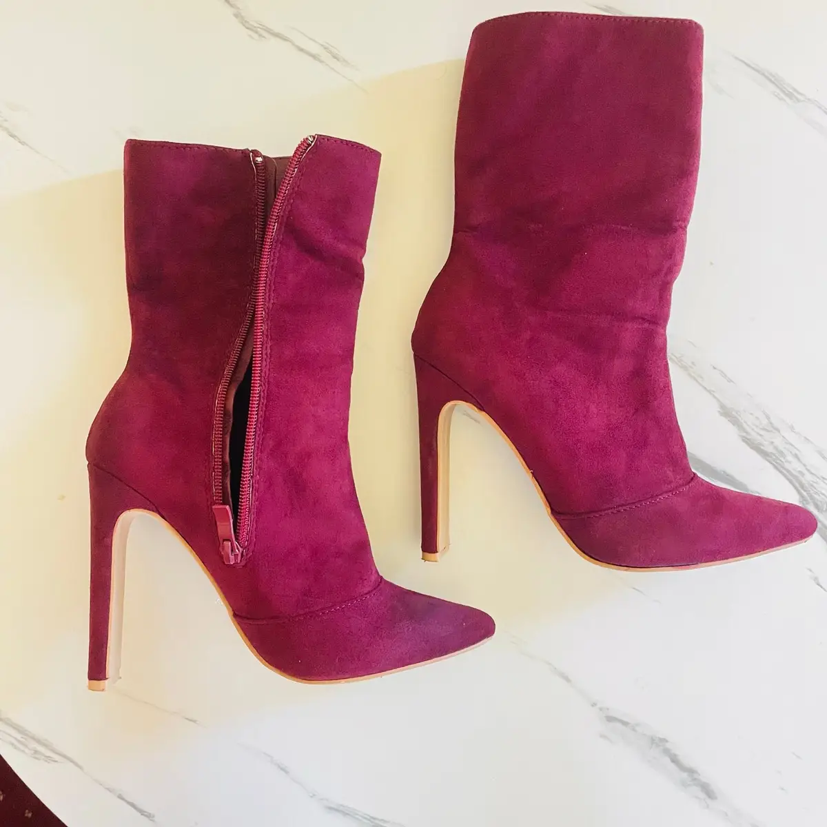Burgundy Suede Stiletto Heel Boots