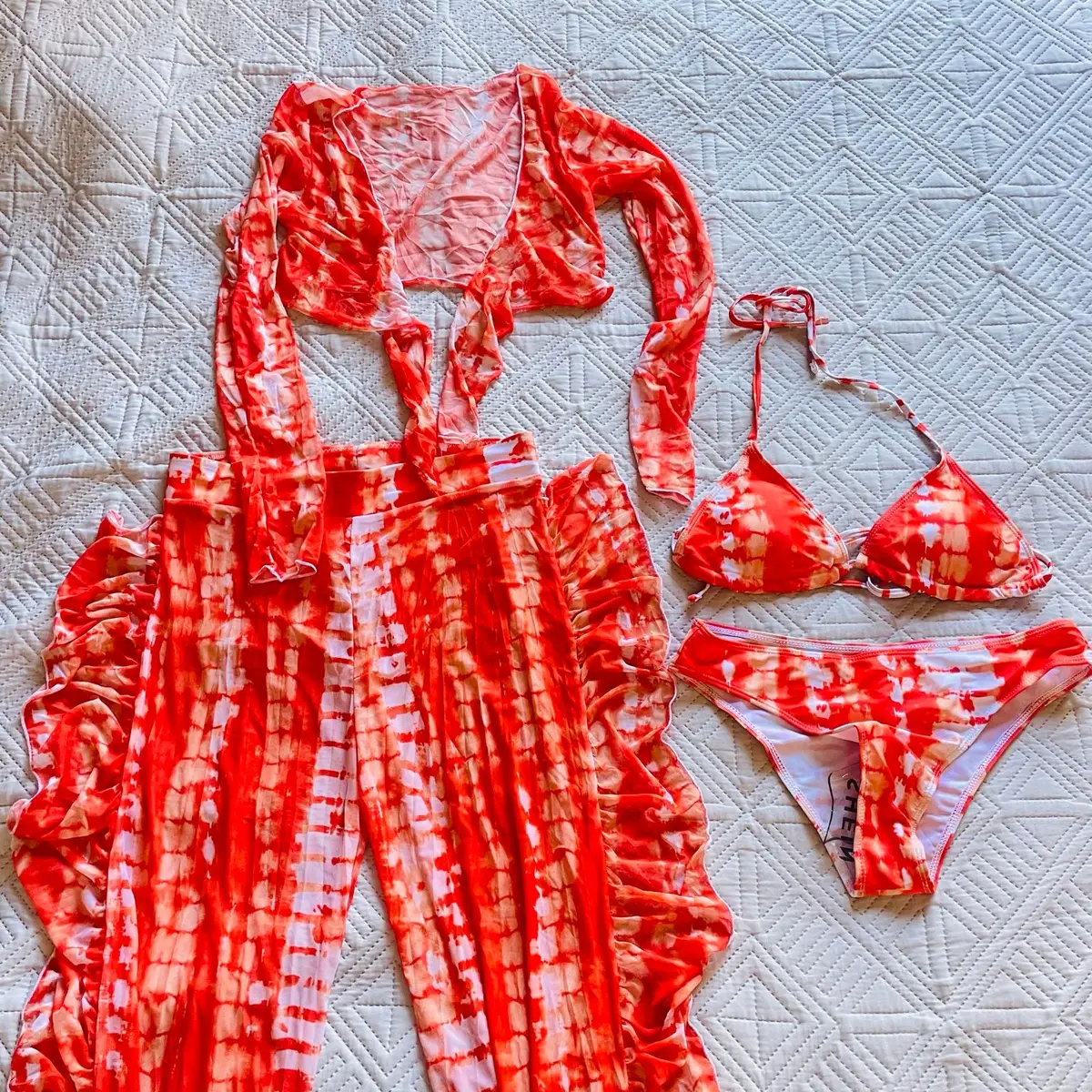 Orange Tie-Dye Ruffled Pants and Crop Top Set