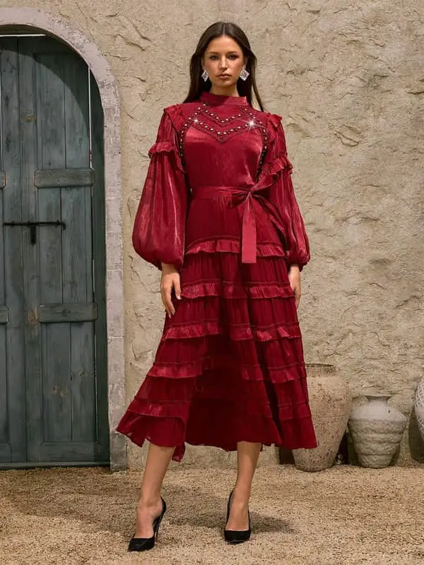 Dewitt Ballon Sleeve Ruffle Tiered Midi Dress