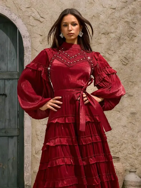 Dewitt Ballon Sleeve Ruffle Tiered Midi Dress