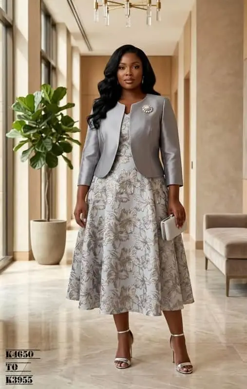 Non shows a silver-toned, two-piece floral brocade jacket and midi dress set