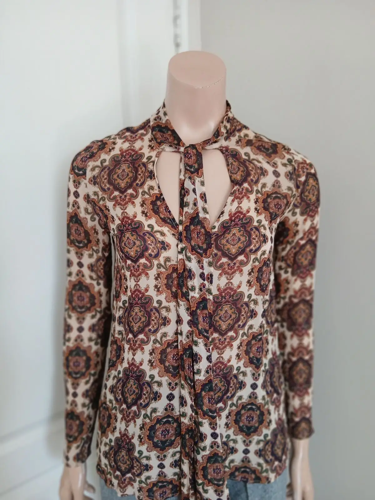 Mango Patterned Tie Neck Blouse