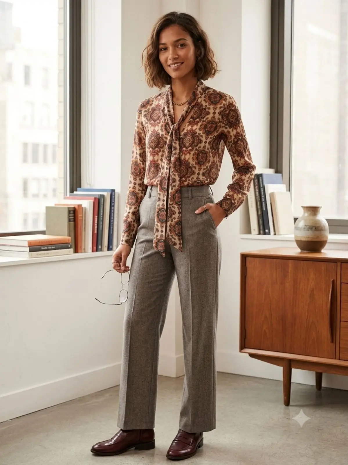 Mango Patterned Tie Neck Blouse