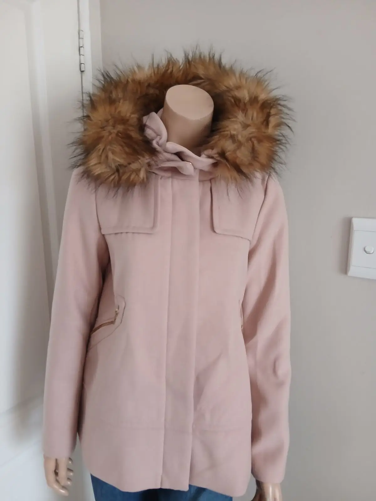 Zara Pink Wool Blend Coat with Faux Fur Hood