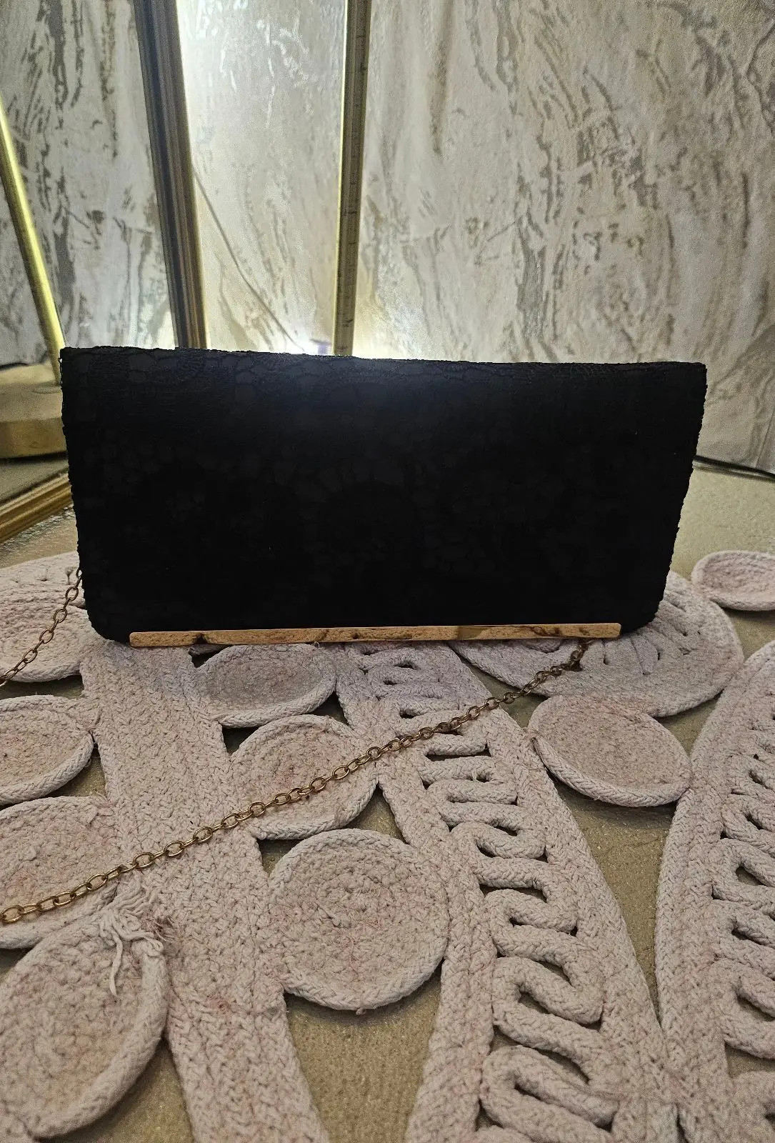 Truworths Black Lace Clutch Bag with Gold Trim