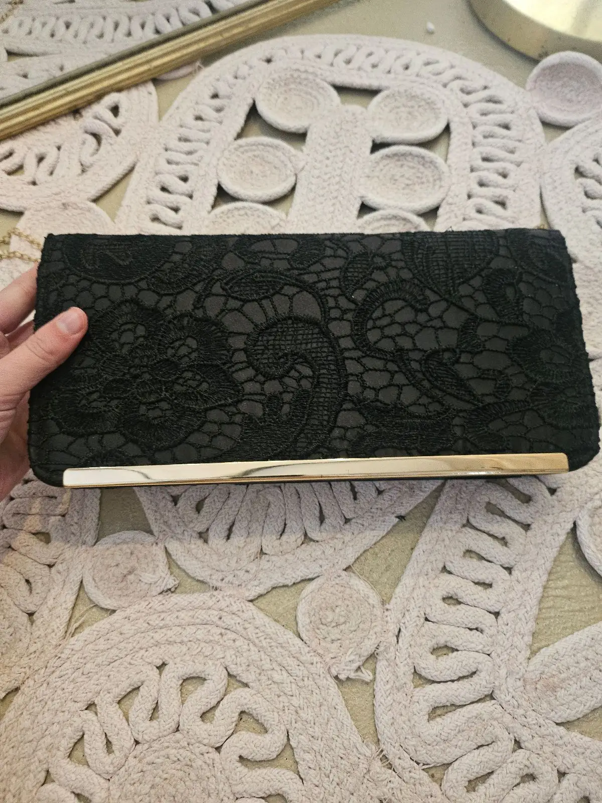 Truworths Black Lace Clutch Bag with Gold Trim