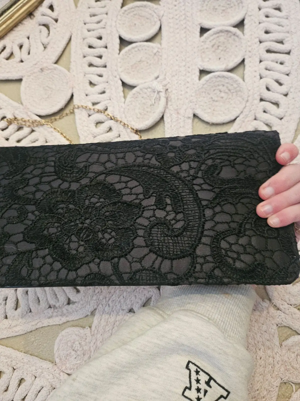 Truworths Black Lace Clutch Bag with Gold Trim