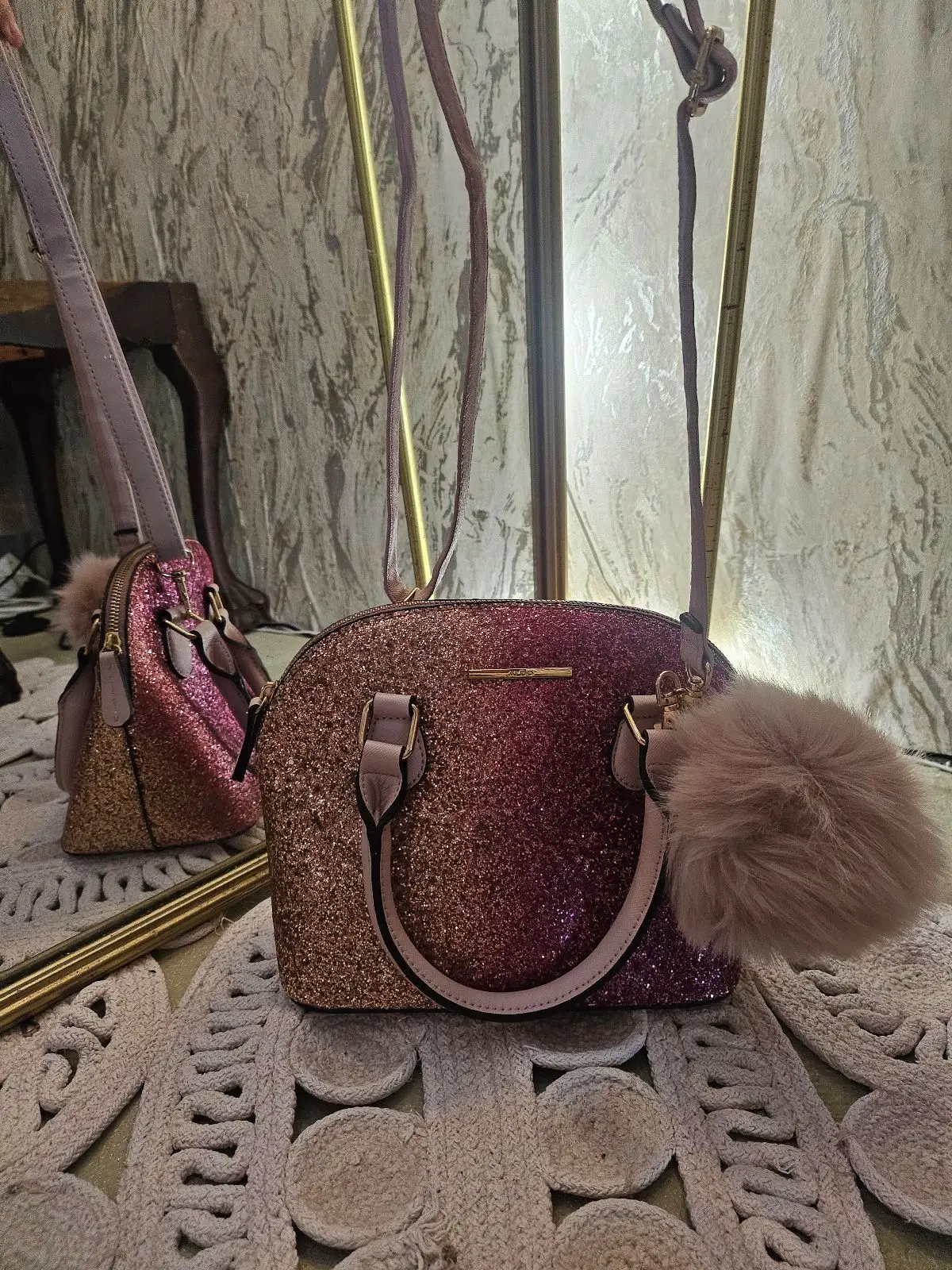 Aldo Glitter Ombre Handbag with Pom Pom