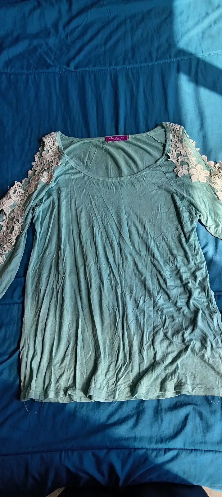 Light Blue Long Sleeve Top with Lace Shoulders