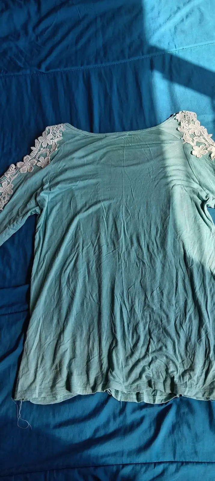 Light Blue Long Sleeve Top with Lace Shoulders