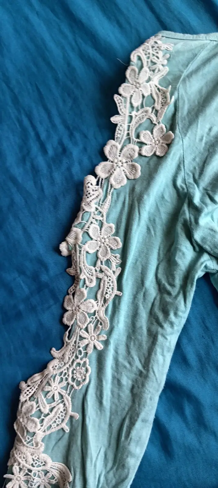 Light Blue Long Sleeve Top with Lace Shoulders