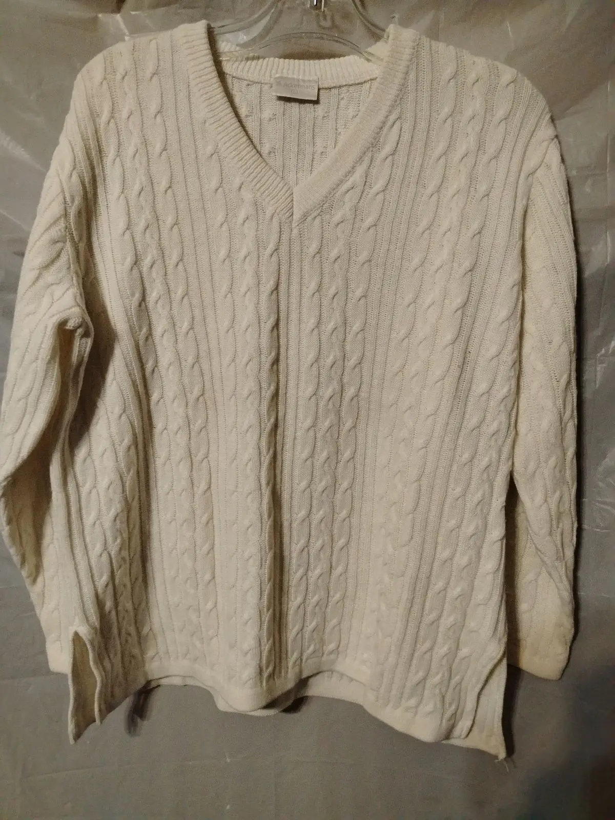 Ackermans Off-White Cable Knit V-Neck Sweater