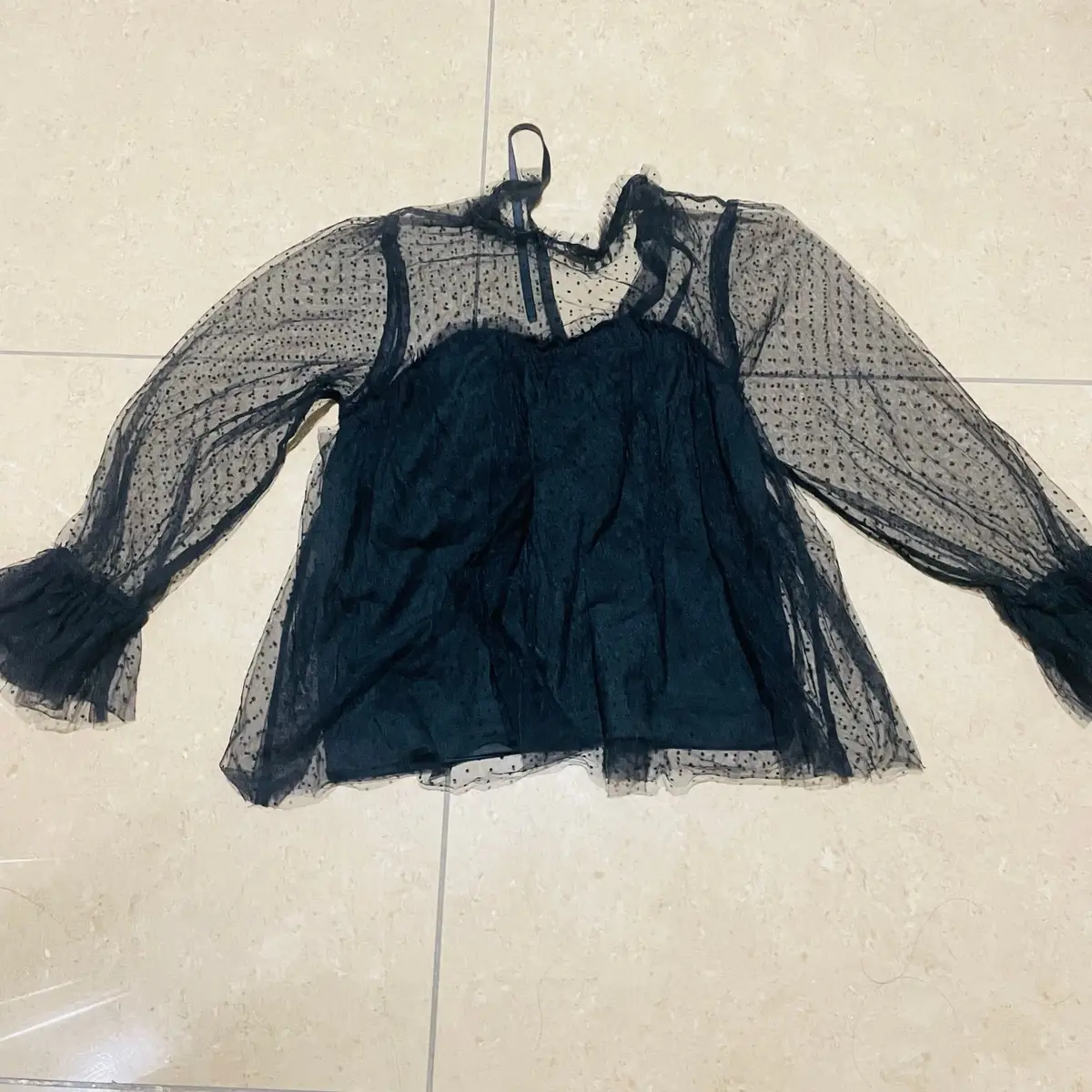 Black Sheer Mesh Polka Dot Long Sleeve Top