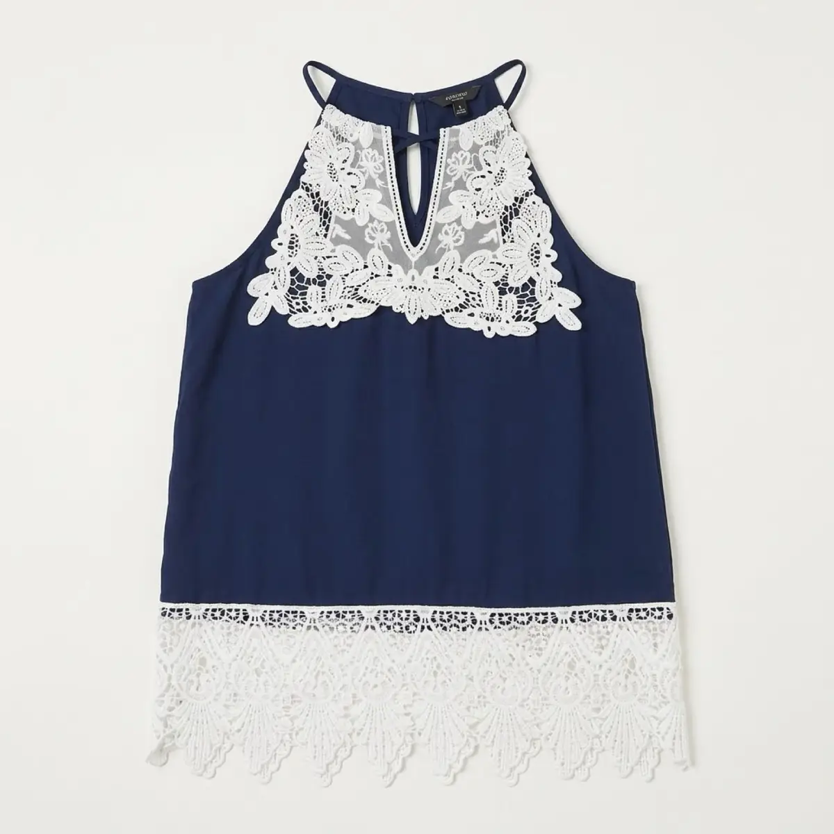 Forever New Navy Halter Top with White Lace Trim