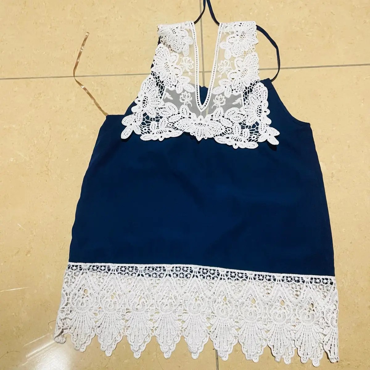 Forever New Navy Halter Top with White Lace Trim