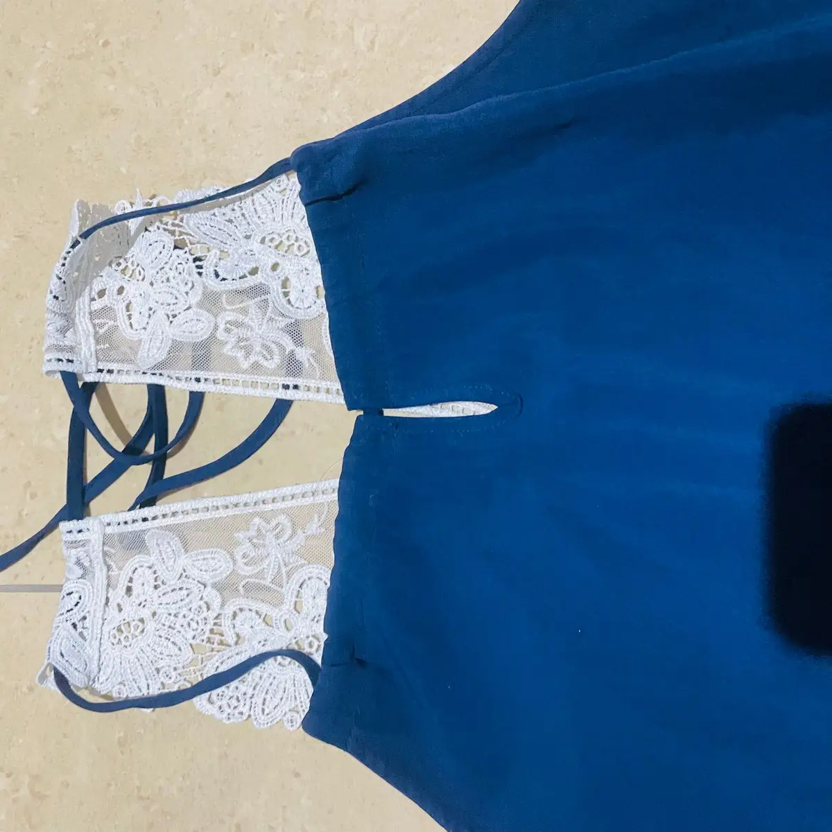 Forever New Navy Halter Top with White Lace Trim
