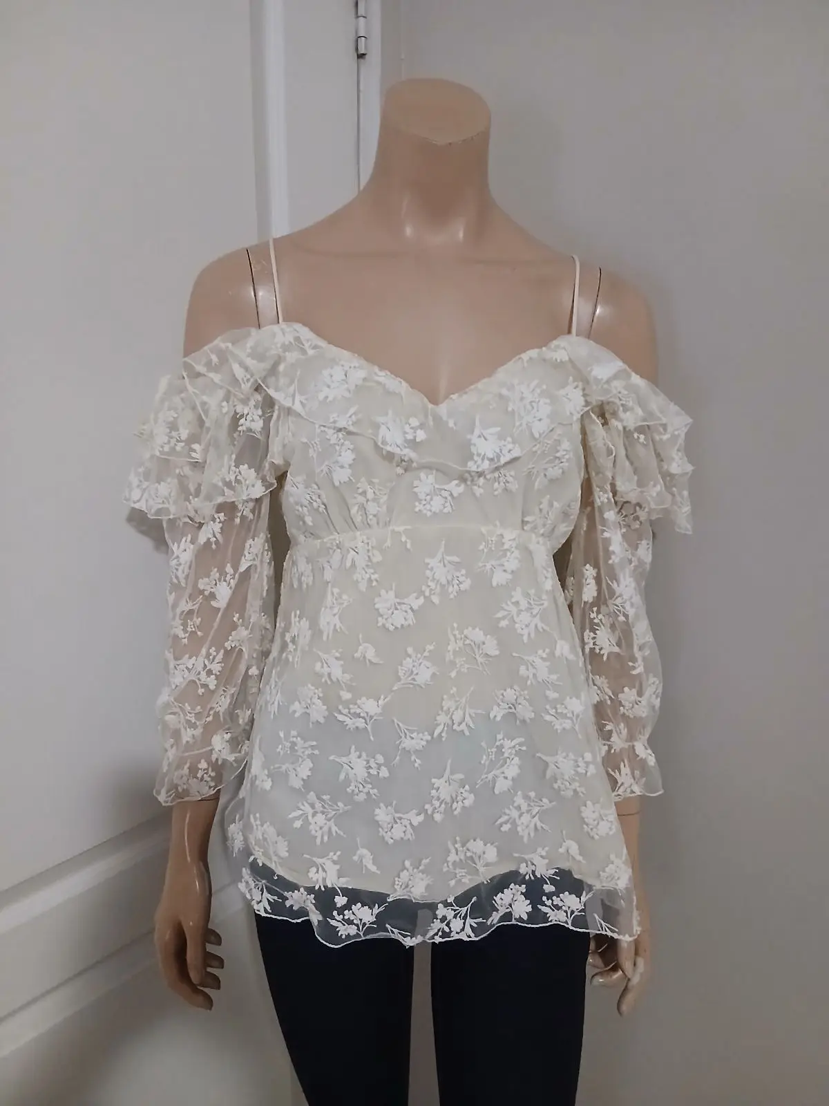 Zara White Floral Embroidered Sheer Top