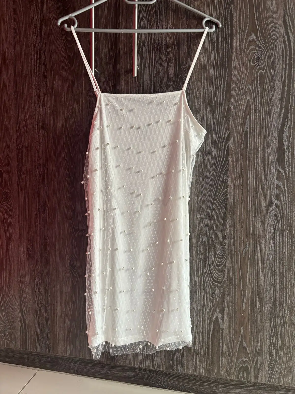 White Slip Dress with Pearl Mesh Overlay