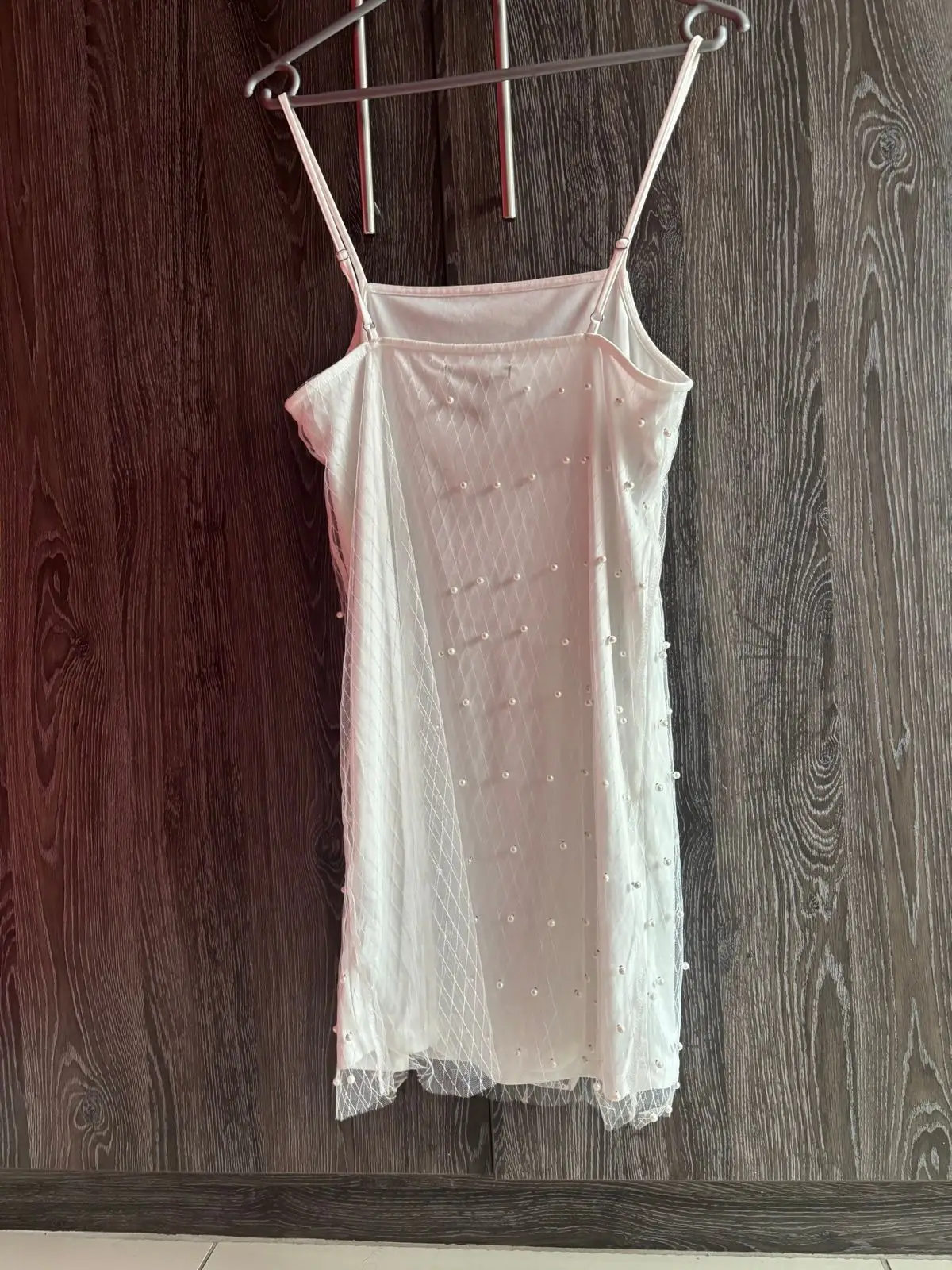 White Slip Dress with Pearl Mesh Overlay