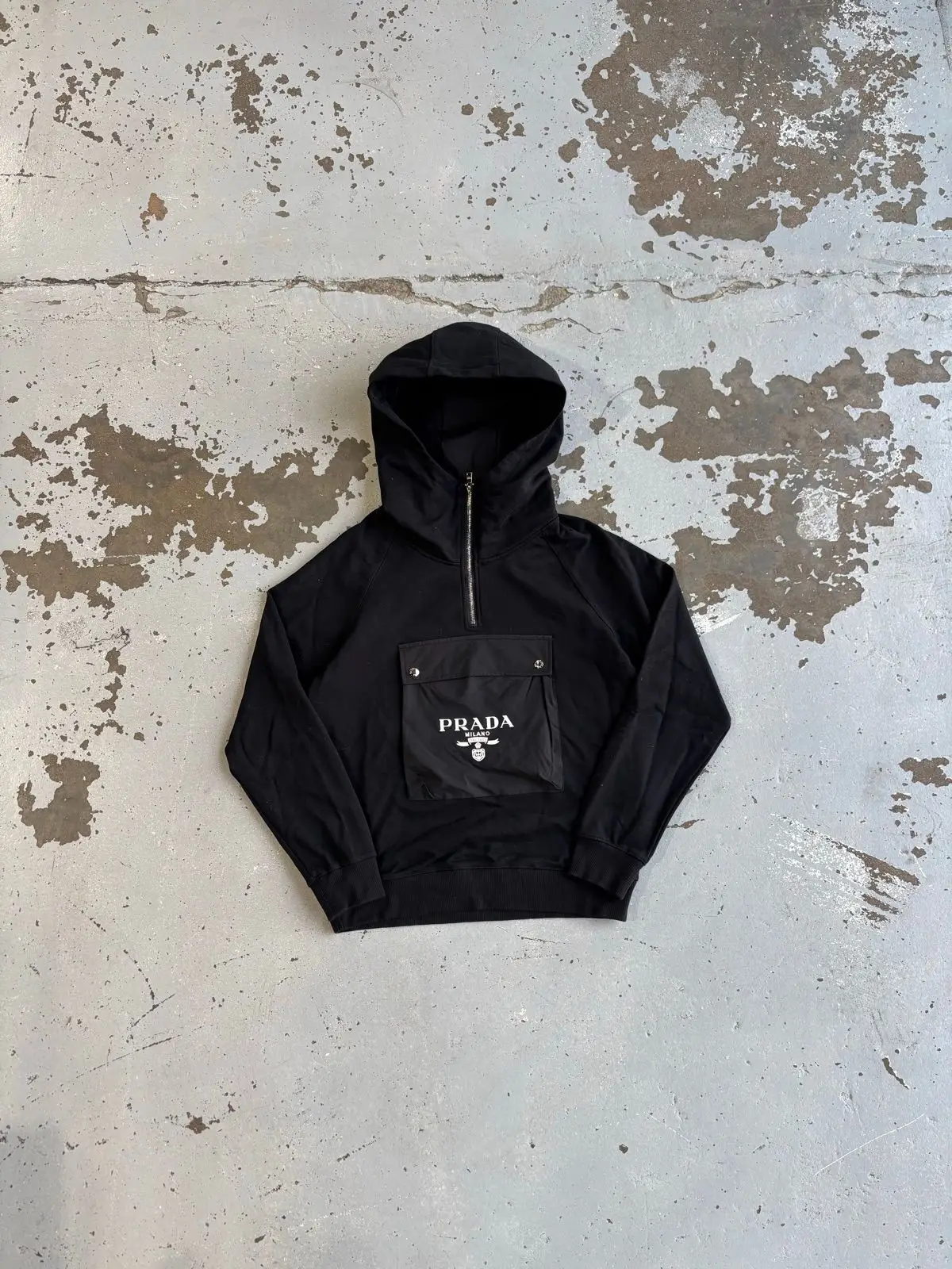 Prada Black Quarter Zip Hoodie with Front Pocket
