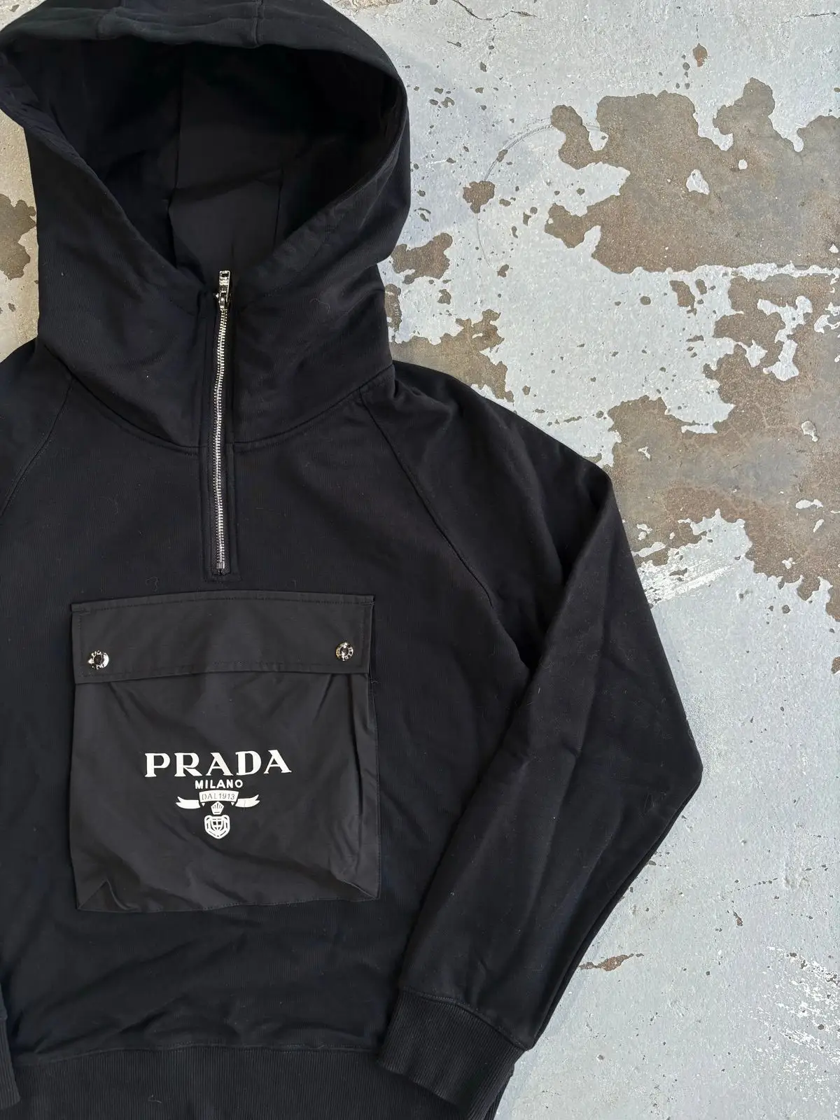 Prada Black Quarter Zip Hoodie with Front Pocket