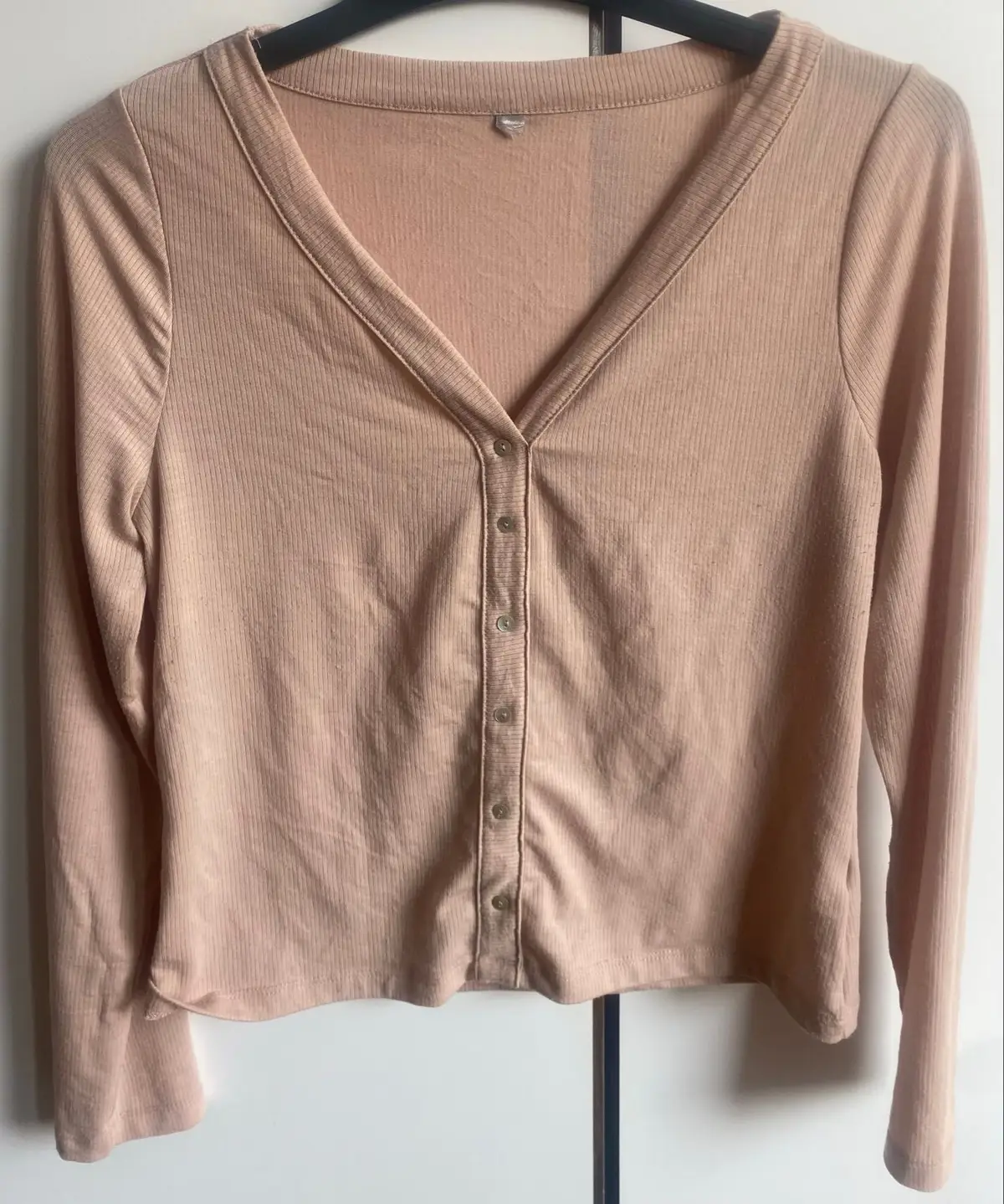 Pink Ribbed Button-Up Long Sleeve Top