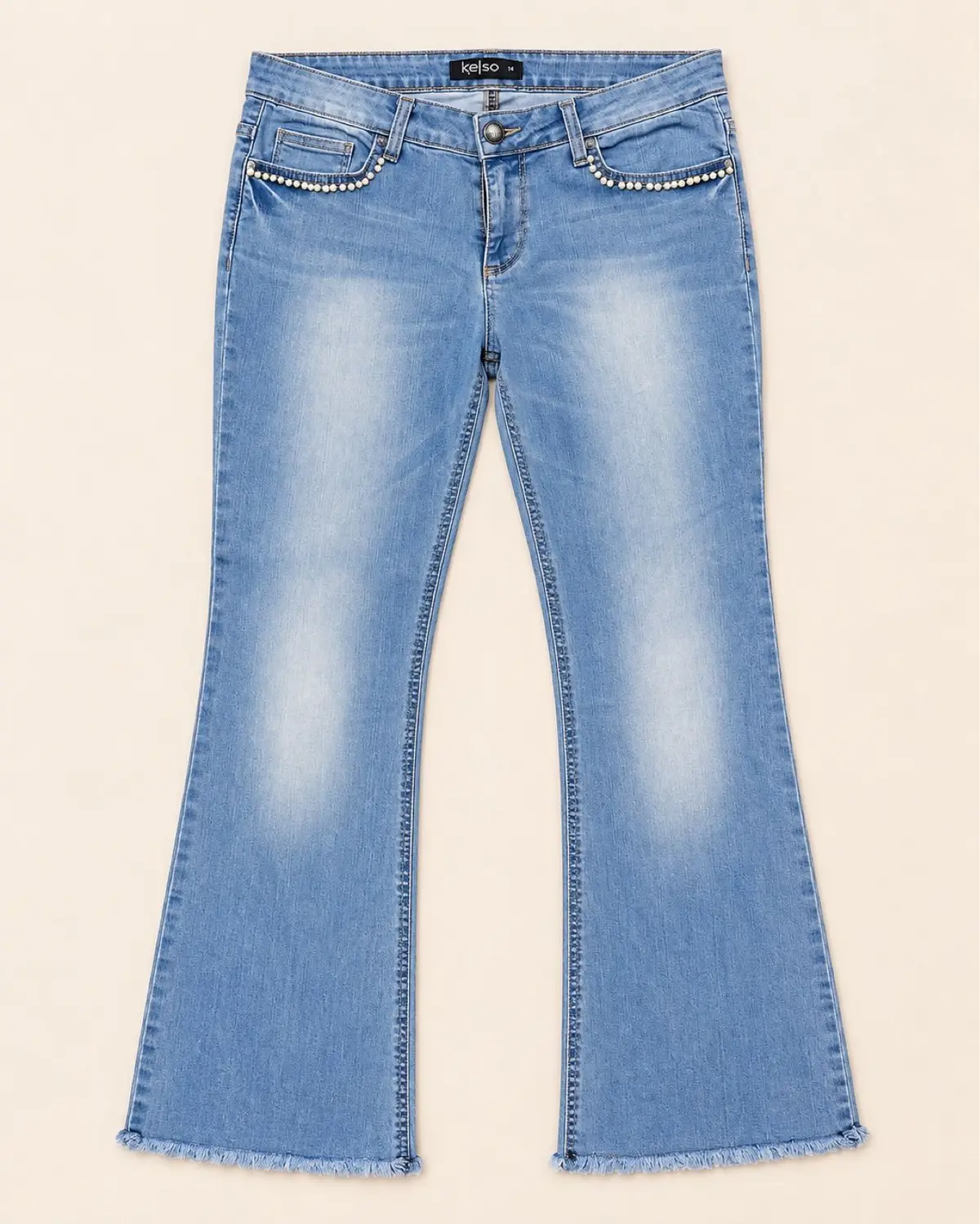 Kelso Light Wash Beaded Flared Jeans Size 14