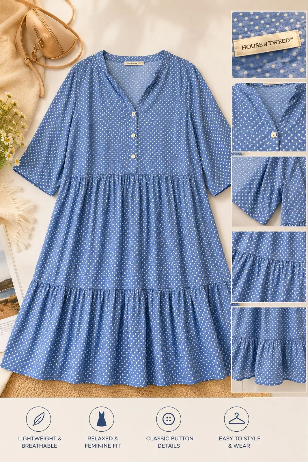 House of Tweed Blue Polka Dot Tiered Dress
