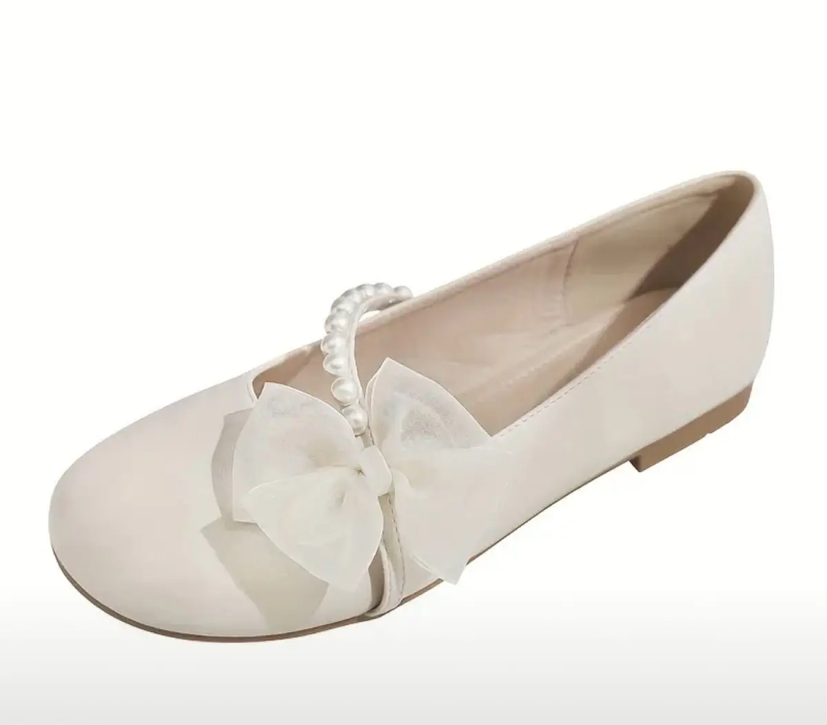 Cream Flat Shoes With Pearl Bow Detail