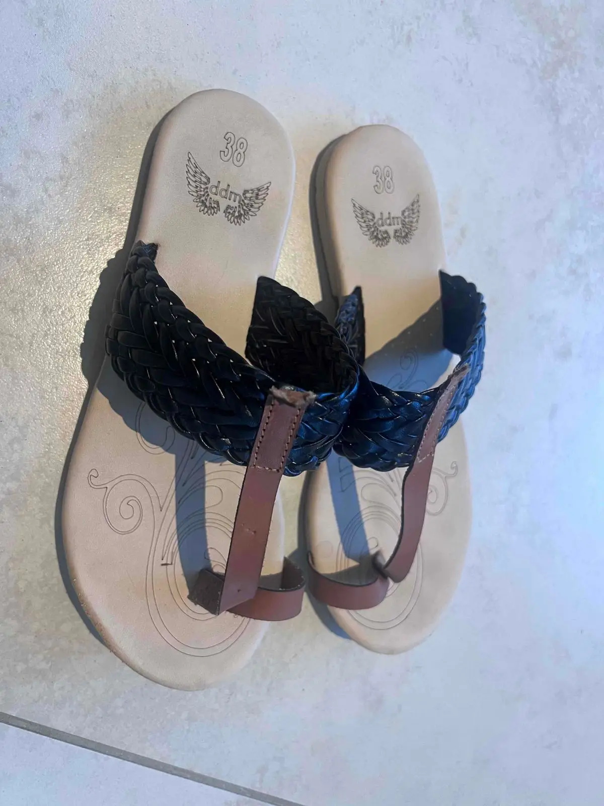 Black and Brown Braided Thong Sandals Size 38