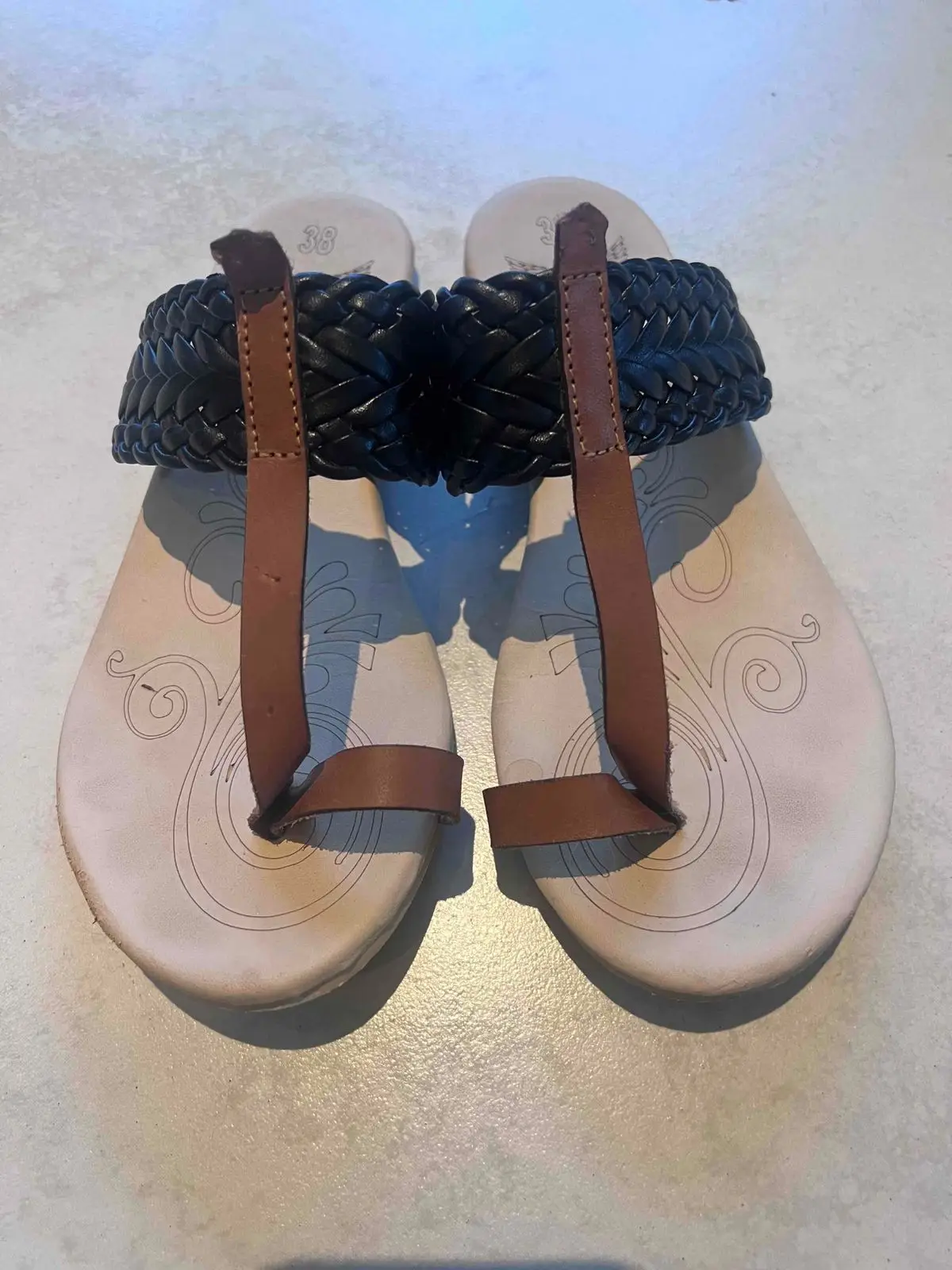 Black and Brown Braided Thong Sandals Size 38