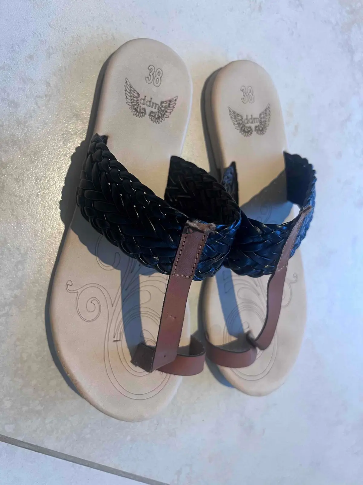 Black and Brown Braided Thong Sandals Size 38