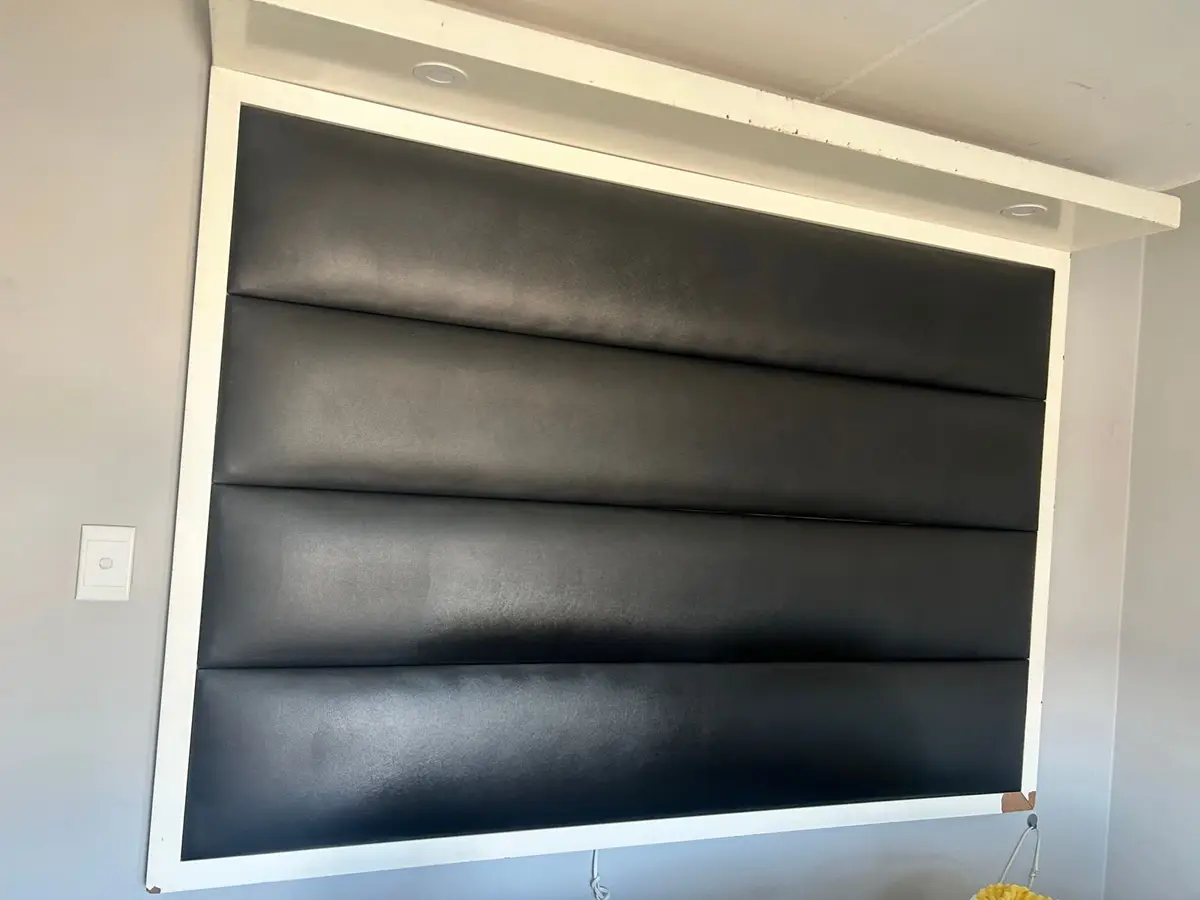 Black Upholstered Headboard with White Frame and Shelf