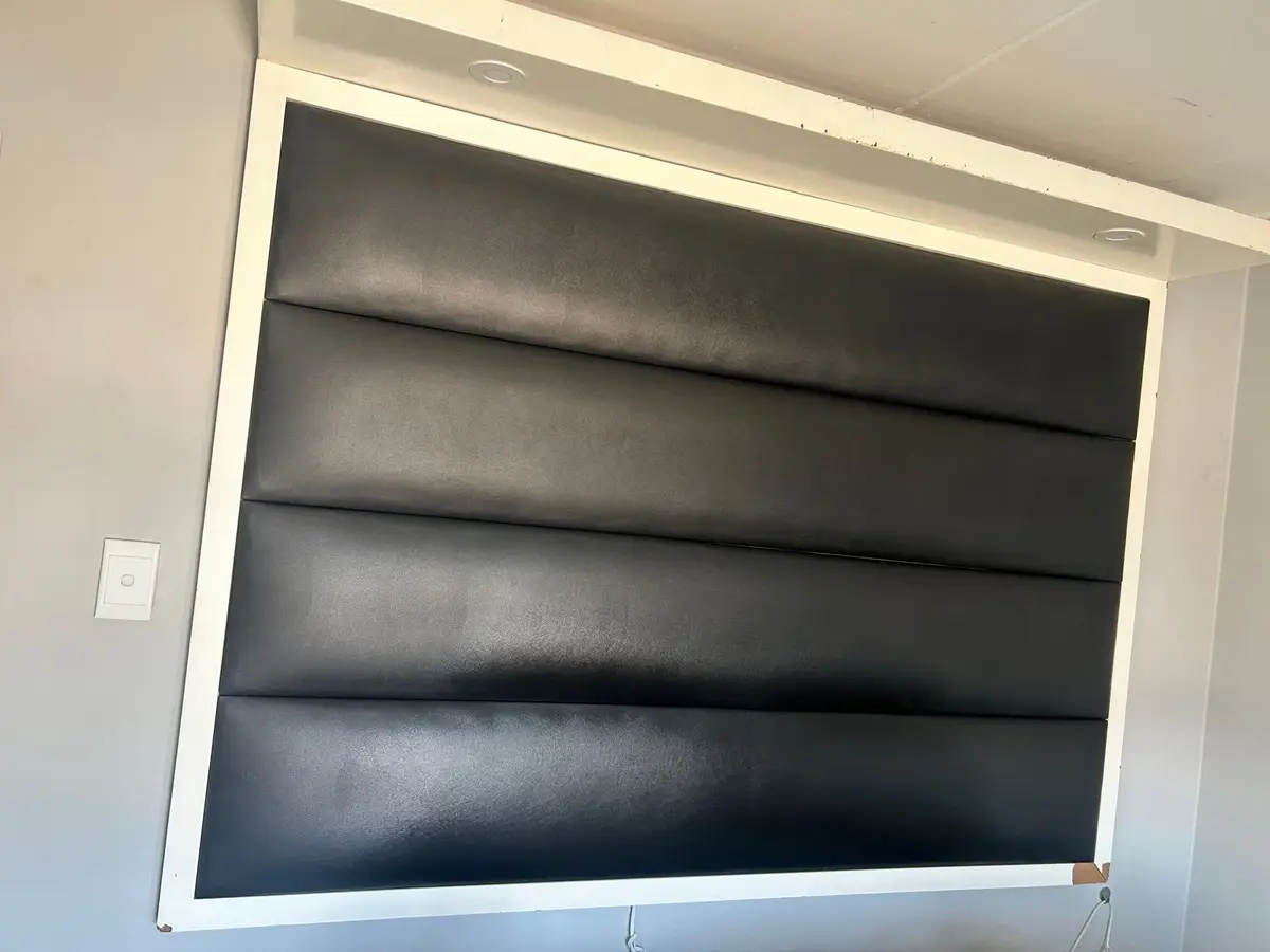 Black Upholstered Headboard with White Frame and Shelf