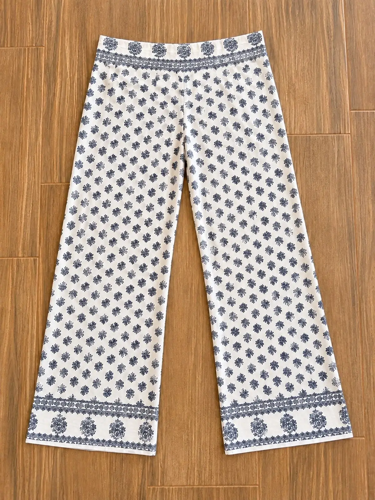 Blue and White Floral Wide-Leg Pants