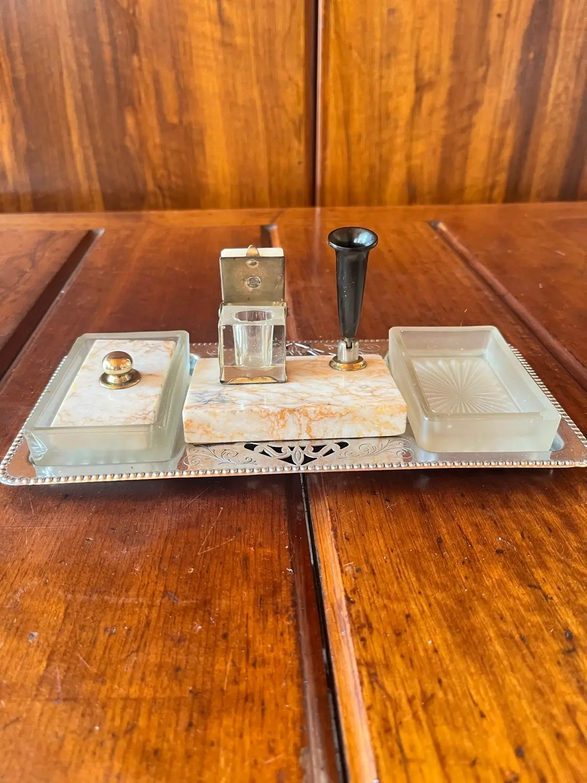 Vintage Marble and Glass Desk Inkstand Set
