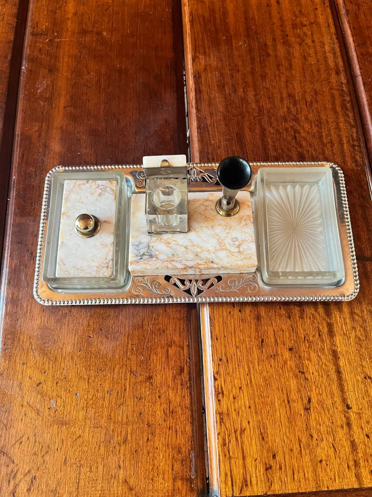 Vintage Marble and Glass Desk Inkstand Set