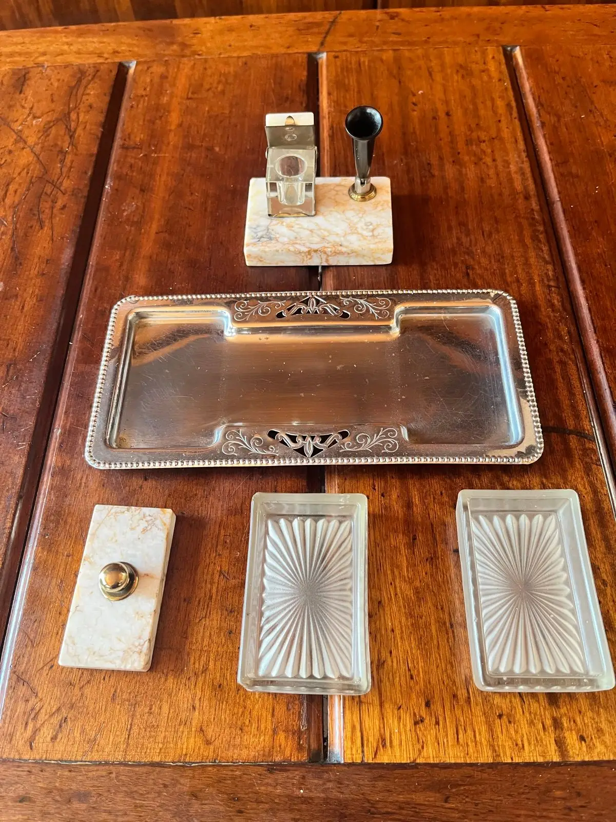 Vintage Marble and Glass Desk Inkstand Set